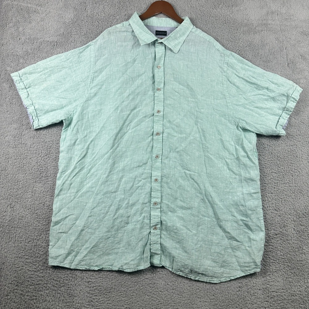 Rochester 100% Linen Button Down Shirt Mens 3XLT Green Short Sleeve Big & Tall